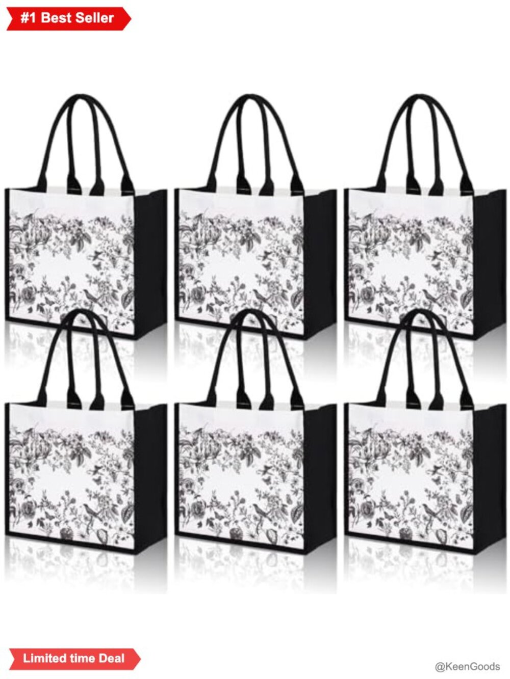 Canvas Chinoiserie Tote Bag Floral Reusable with Pocket Set of 6